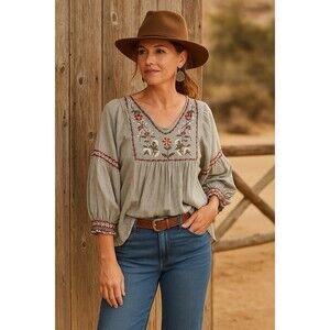 Max Studio 100% Cotton Embroidered Boho Gray Blouse Size L Cottagecore Western